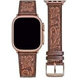 DSAAplus Leather Band Floral Tooled Western Cowhide Strap Compatible with Apple Watch Bands 44mm 45mm 46mm 49mm Classic Retro Walnut Rose Gold