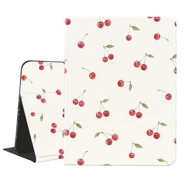 AdorableWhimsy Cute Cherry Printed Case for iPad (A16) 11th Generation 2025 11"/iPad 10th Generation 2022 10.9" with Pencil Holder Folio Girly White Leather Cover Multiple Viewing Stand Case