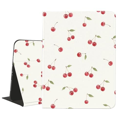 AdorableWhimsy Cute Cherry Printed Case for iPad (A16) 11th Generation 2025 11"/iPad 10th Generation 2022 10.9" with Pencil Holder Folio Girly White Leather Cover Multiple Viewing Stand Case