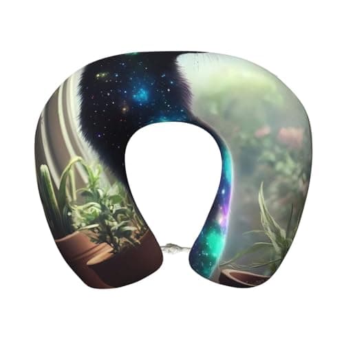 Mosytuky Cosmic Cat in Window Pattern Travel Pillow,Memory Foam Neck Pillow Head U-Shaped Neck Pillow for Sleeping Rest, Airplane Car & Home Use