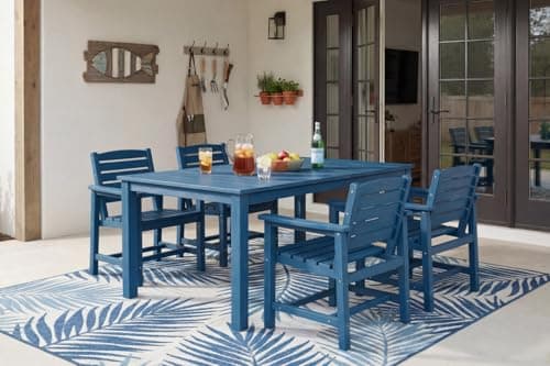 Patio Kingdom Perli™ 5-Piece Outdoor Dining Set, All-Weather HDPE Patio Furniture with 4 Armrest Chairs and Rectangular Table, UV-Resistant 4-Person Set for Deck, Backyard, Blue