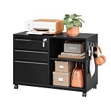 LISSIMO 3 Drawer File Cabinet with Lock,Mobile Lateral Filing Cabinet with Side Hook for Letters/Legal/A4, Metal Printer Stand Storage Cabinets with Shelves for Home Office(Black)