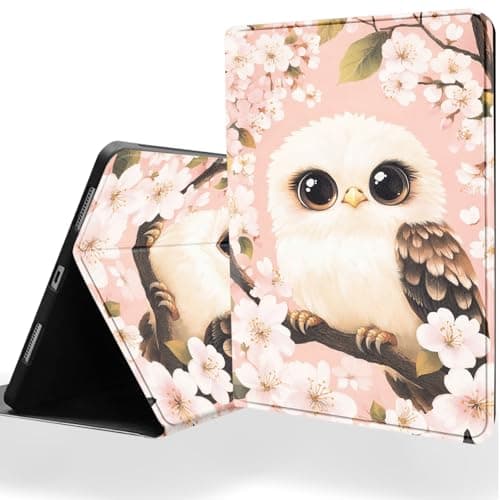 DSRGRGFDJ Tablet Case for 7" Kindle Paperwhite 12th Gen 2024 & Kindle Colorsoft Signature Edition,Auto Wake/Sleep and Multi-Angle Adjustable Stand Cover - Owl Cherry Blossom