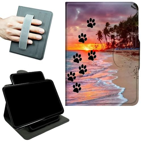RWUTYTIUL Rotating Handle Case for Samsung Galaxy Tab A7 Lite 2021 8.7", 360 Degree Swivel Kickstand with Magnetic Closure Shockproof Leather Protective Cover for Women Men, Dog Paw Print Beach