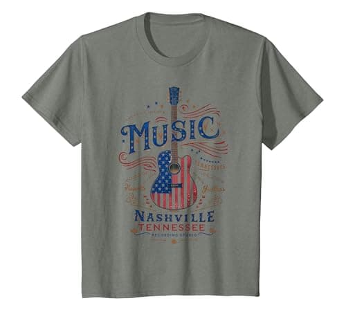 Rock American Flag Patriotic USA Music Nashville Guitar T-Shirt, Youth, Olive Heather, X-Small