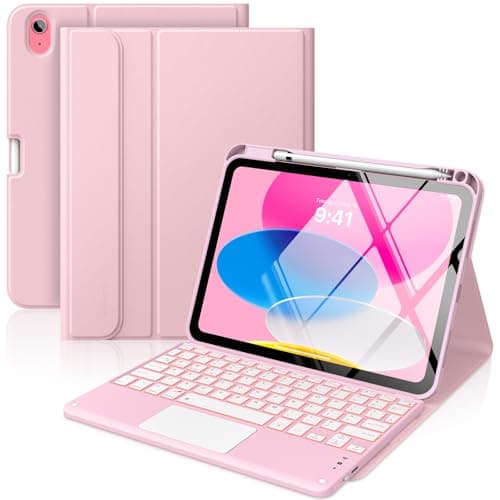 MoKo Touch Keyboard Case for iPad (A16) 11th Generation 11 inch 2025, iPad 10th Generation 10.9 inch Case with Pencil Holder, 7 Colors Backlit Multi-TrackPad Bluetooth Keyboard, Pink