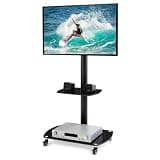 Mobile TV Stand with Mount for 32-65 Inch TVs - Height Adjustable Swivel Rolling TV Floor Stand with Lockable Wheels, 2-Tier Tempered Glass Shelves for AV Media, Black
