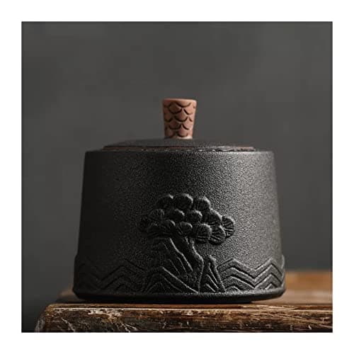 Tea Tin Retro Rough Pottery Loose Tea Tin Storage Caddy Canister Container Tins Jar with Airtight Lid and Lucky Goldfish Tassel Decoration, Can Keep Bulk Tidy and Fresh Container(Black-b,Small)