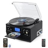 DIGITNOW 9-in-1 Record Player with Stereo Speaker, 3-Speed Turntable for Vinyl, CD/Cassette Player, Bluetooth, USB/SD Playback, AM/FM Radio, Aux-in, Remote Control (Black)