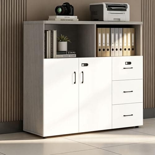 HSHBDDM File Cabinet with Password Lock, Wood Lateral Filing Cabinet for Letter/A4 Files, 3 Drawer with Door, Printer Stand with Open Shelves for Home Office