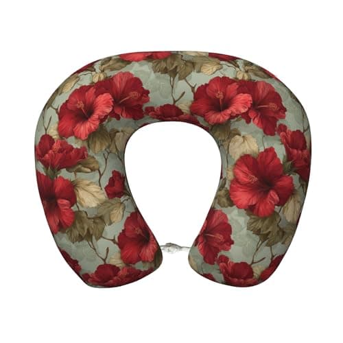 Qewfoju Neck Pillows for Sleeping Memory Foam Travel Pillows U Shaped Travel Neck Pillow Soft Headrest Pillow Suitable for Planes Car Office - Red Hibiscus Flower 2