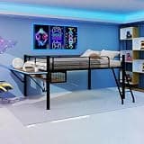 SUNNYGIFT Full Size Metal Loft Bed with Desk and LED Light (Black)