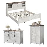 AMERLIFE 3-Piece Farmhouse Bedroom Set, King Size Bed with Sliding Barn Doors & Bookcase Headboard, 5-Drawer Tall Dresser, 4-Drawer Wide Dresser, Antique White