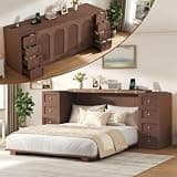 Queen Size Murphy Bed Cabinet with Storage Drawers, Space-Saving Fold-Out Cabinet Bed with Charging Station, USB & AC Outlets, Solid Wood Finish Multi-Function Bed for Apartment, Studio, Walnut Brown