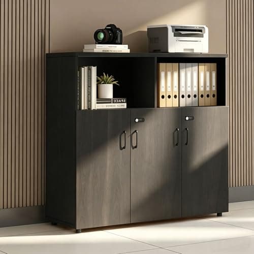 HSHBDDM File Cabinet with Password Lock, Wood Lateral Filing Cabinet for Letter/A4 Files, 3 Drawer with Door, Printer Stand with Open Shelves for Home Office