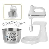 West Bend Two Sweet 2-in-1 Hand & Stand Mixer, 11 Speeds with Turbo Boost, 4.4 Qt Rotating Bowl, Dough Hooks, Beaters & Whisk, Tilt-Head Design, 550 Peak Watts, White