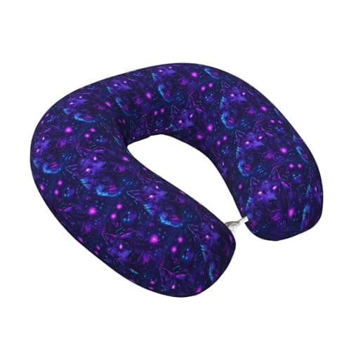 TZTTZT Neon Purple Wolf Print Travel Neck Pillow Airplane, Memory Foam Neck Pillow for Traveling/Sleeping, Travel Essentials Accessories for Men Women