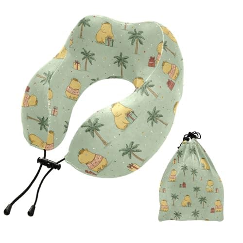 OTVEE Cute Capybaras and Coconut Palm Travel Pillow, Memory Foam Neck Pillow Head Support Soft Pillow for Sleeping Rest, Airplane Car & Home Use