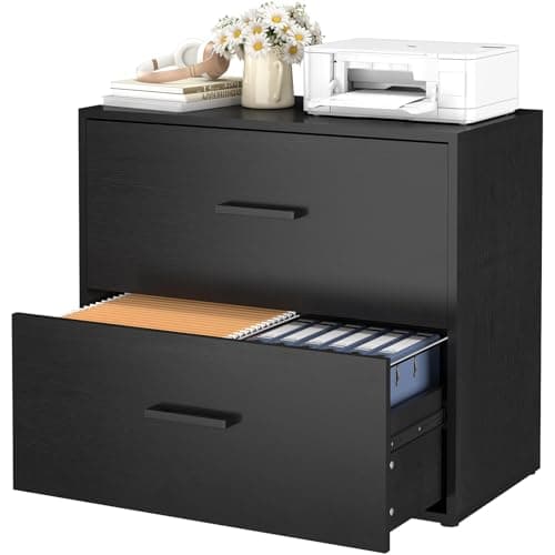 FATIGOS 2 Drawer Lateral File Cabinet, Printer Stand Black Filing Cabinets for Home Office and School, Wood Rattan File Cabinet for Hanging Files/Letter/Legal Size, Black