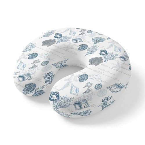 VXVKT FSEAE Sea Blue Coral Shell Starfish Travel Pillow,U Shaped Ergonomic Neck Pillows Marine Life on Letter Memory Foam Portable Neck and Head Support Cushion for Airplane Car Home Office Sleeping