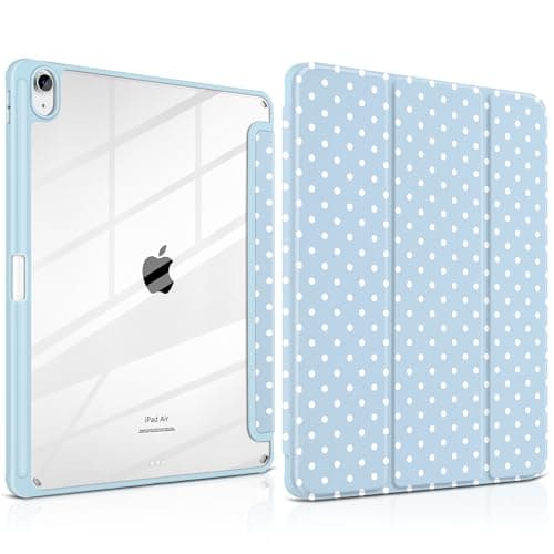 Yebiseven Case for iPad Air 13 inch M4 M3 M2 2026 2025 2024–[Built-in Pencil Holder], Shockproof Stylish Clear Hard Back, Trifold Stand, Auto Wake/Sleep, for Women Girly Cute, Blue White dot
