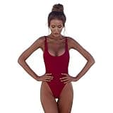 CAOQAO Women's One Piece Retro U Back Swimsuits Tummy Control Padding Bathing Suit High Cut Swimwear(Wine, M)