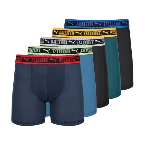 PUMA Boys' 5 Pack Performance Boxer Briefs, Blue/Black, Large