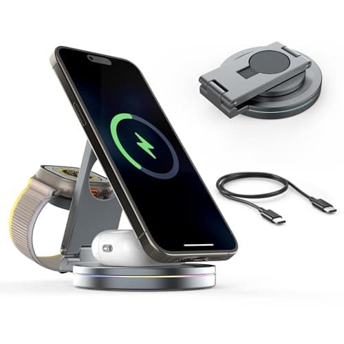 Foldable 3 in 1 Wireless Charging Station for Apple Compatible with Magsafe Charger Stand,Magnetic Wireless Charger Station for iPhone 17 Air16 15 14 13 12 Series,Airpods Pro,Apple Watch (Grey)