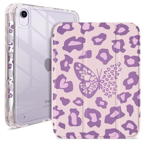 Pelindrons Shockproof iPad mini 6/7 Case with Pencil Holder - 3-Fold Stand, Auto Wake/Sleep, Cute Kawaii Pattern Cover for Women & Girls (Purple Leopard Print Butterfly)