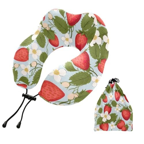 SPRIPORT Flower Strawberries Fruit Travel Neck Pillow for Sleeping Airplane Memory Foam Neck Support Pillow with Storage Bag Airplane Pillow for Adults Kids Long Flight Car Train Bus Home Office