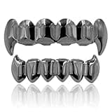 JINAO Black Vampire Fangs Grills for Your Teeth Hip Hop Top Bottom Teeth Grillz Set for Men and Women (Black Grillz)