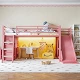 Abosbeet Low Loft Bed Twin Size with Slide & Ladder, Metal Loft Bed Frame with Storage Drawers and Shelves, Heavy Duty Loft Beds with Safety Guardrail and LED Strip, Pink