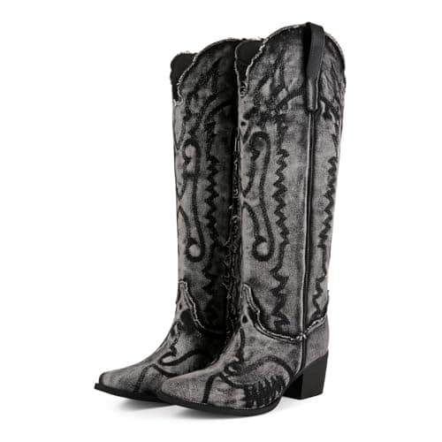 Aorikro Women's The Western Cowboy Cowgirl Boots Mid Calf Low Heel Pointed Toe Boots for Women Casual Boots-Black Denim