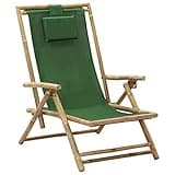 KHNLGFR Bamboo Folding Relaxing Chair with Adjustable Backrest, Green Fabric Seat and Included Pillow for Outdoor Garden Use