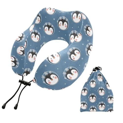 Winter Penguin Snowflake Pattern Travel Neck Pillow for Sleeping Airplane Memory Foam Neck Support Pillow with Storage Bag Airplane Pillow for Long Flight Car Train Bus Home Office Adults Kids
