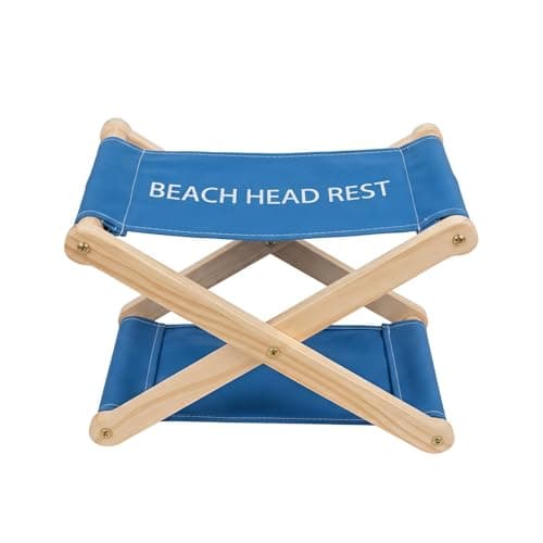 Beach Headrest Blue, Aesthetic Beach Pillow & Head Hammock for Sand, Foldable Portable Neck Support for Sunbathing & Reading, Lightweight Organic Linen & Pine Wood Summer Beach Gear