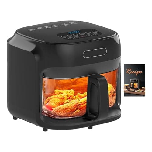 7.4QT Air Fryer with Glass Bowl, Visible Window Lid, Digital Control, 360° Rapid Air Circulation, for Healthy Oil-Free Cooking & Baking, Dishwasher Safe, Nonstick, Easy Clean (Black)