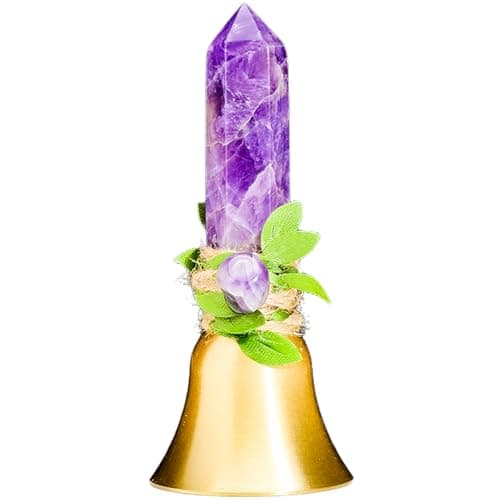 Handbells Altar Bells Natural Amethyst Tower Bell Witch's Bells Hand Bell Loud Brass Call Bells for Meditation, Prayer, Reception, Pet Feeding and Home Decoration (Leaf-Amethyst, 4.53")
