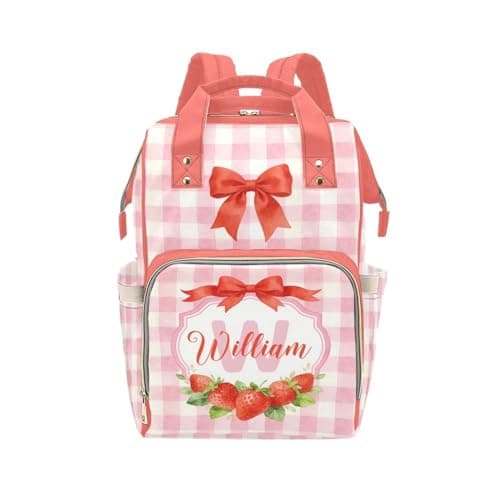 COWSROCK Personalized Diaper Backpack for Mom, Custom Name Baby Bag Backpack, Waterproof Diaper Bag with Multi Compartments, Pink Bow and Strawberry Design, Gift for Baby Shower