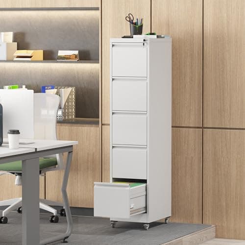 5 Drawer Vertical Filing Cabinet with Lock on Wheels, Heavy Duty Metal File Cabinet for Home Office, Locking Steel Storage Cabinet for A4/Letter/Legal Files, Black,15.16"Wx17.71"Dx64.17"H (White)