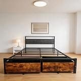 Kbun Queen Size Bed Frame with Storage, Upholstered Platform Bed Frame with Headboard, Drawers, LED Lights, Charging Station, Under Bed Storage, Noise Free, No Box Spring Needed, Grey