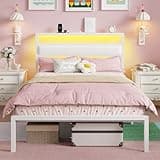 OURPIC Twin Bed Frames for Kids, White Leather Twin Size Bed Frame with Charging Station & LED Lights, Metal Platform Bedframe with Upholstered Headboard and Storage Shelf, Easy Assembly