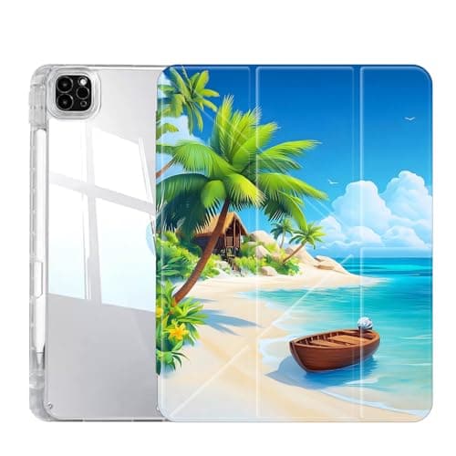 Case for iPad Pro 13 Inch (M5/M4) 2025/2024, Slim Clear Case with Pencil Holder, Multi-Angles Folding Y-Shaped Stand Cover, Tropical Beach Sand Blue Ocean
