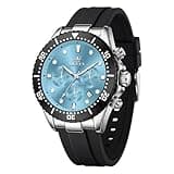 OLEVS Watches for Men Luxury Chronograph Quartz Wrist Watch Waterproof Calendar Glowing Hands Black Bezel Soft Silicone Strap Unique Designer Casual Sport Watch, Ice Blue Dial