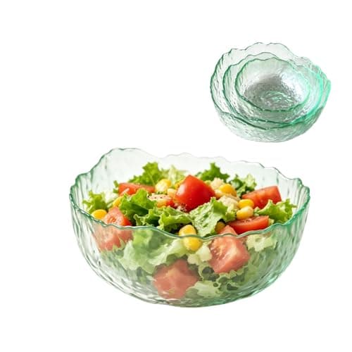 GotomRich Glass Salad Bowl Set, 3-Piece Tableware, Hammered Mixed Bowls, Suitable for Desserts, Fruits, Pasta, Stackable Fruit and Beverage Bowls, Kitchen Party Candy and Snack Containers