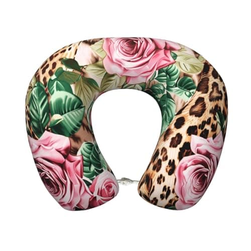 OSAM SPACE Leopard Print Roses Leaves Travel Neck Pillow for Sleeping Neck Support Memory Foam Airplane Pillow U Shaped Pain Relief Pillows for Flight Train Car Office