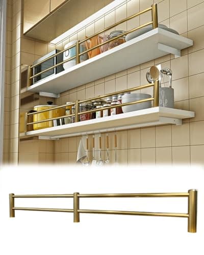 Elitix Kitchen Shelves Tipping Rail with Double Fence, Shelf Guardrail Bars 10 12 16 24 28 30 36 40 inch, Gold Gallery Rails for Bookcase(4 Pack,16in/40.6cm)