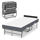 BIZOEIRON Folding Bed with Mattress for Adults, 75" x 38" Foldable Bed with Headboard, Twin Size Metal Bed Frame with Wheels, Portable Rollaway Bed for Guest, Travel