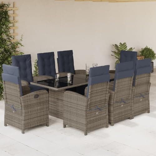 KCCKOM Garden Furniture Set 9 Piece Patio Dining Set with Cushions Gray Poly Rattan