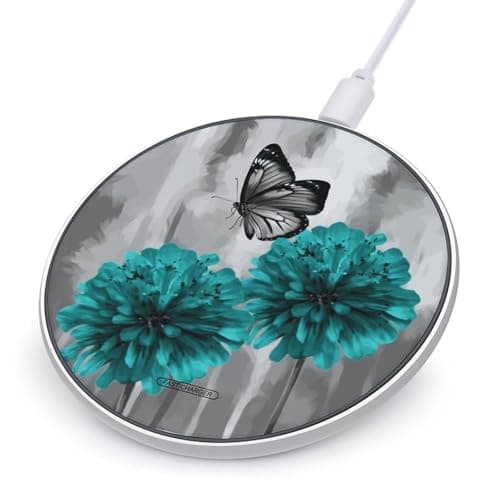 Gray Teal Flower Butterfly Anti-Slip Wireless Charger 10W Fast Charging Pad with Indicator Slim & Portable Equipped with 1M Data Cable Ideal for Desk & Bedside Case Compatible